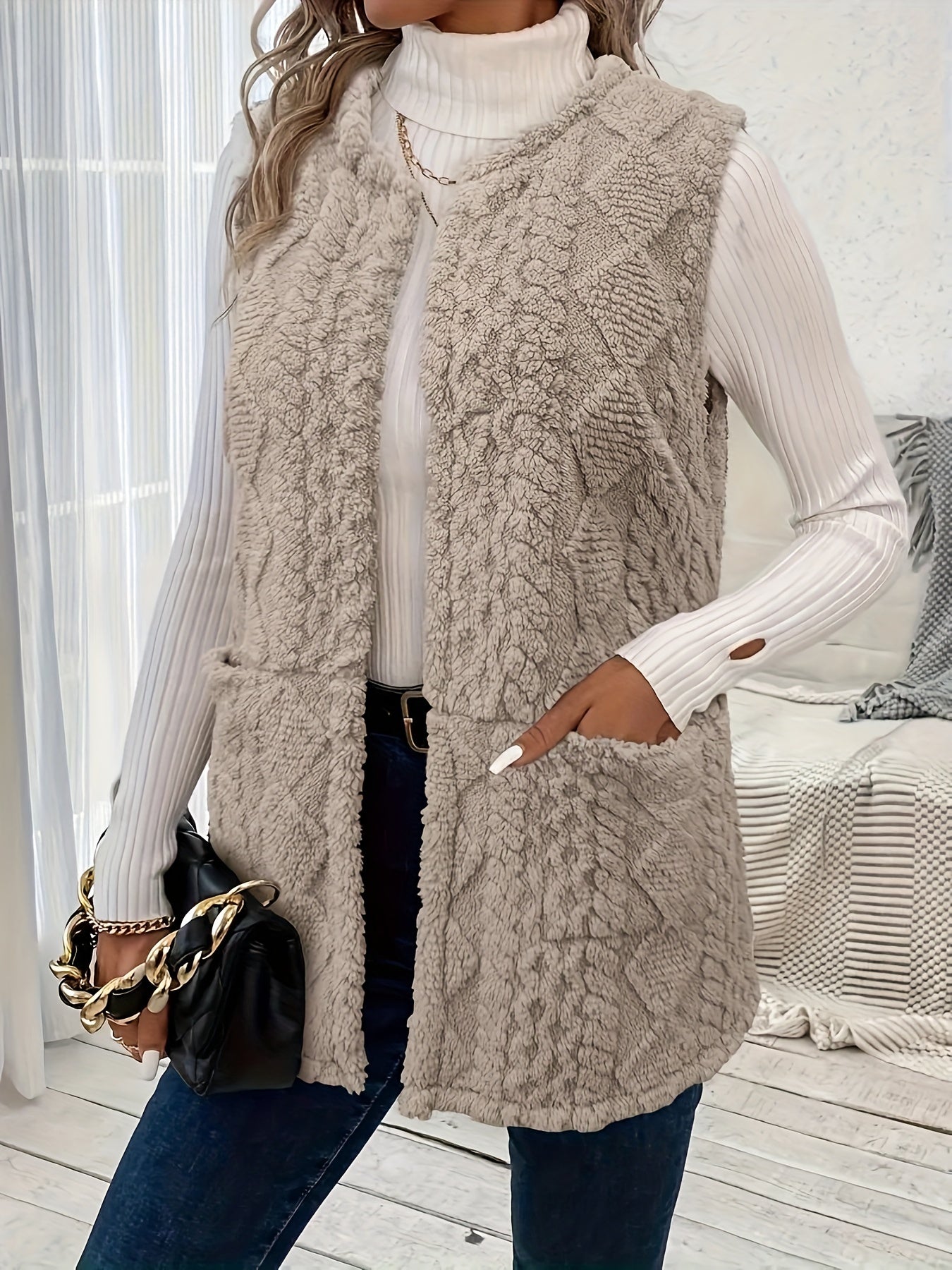 Delyth | Textured Sleeveless Vest Taupe Faux Fur Longline for Women