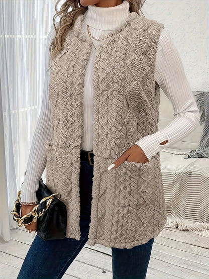 Delyth | Textured Sleeveless Vest Taupe Faux Fur Longline for Women