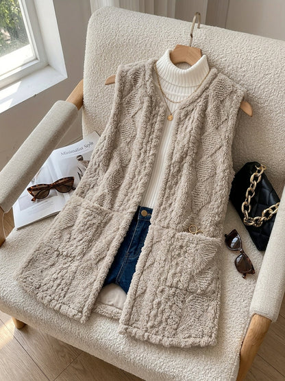 Delyth | Textured Sleeveless Vest Taupe Faux Fur Longline for Women