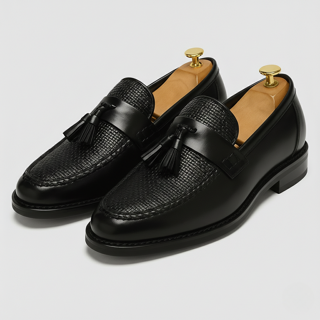 Rupert | Loafers Black Faux Leather Woven Tassel Slip-On for Men