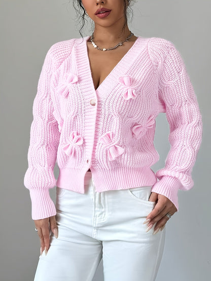 Nerissa | Cardigan Pink Knit Bow-Detail V-Neck for Women