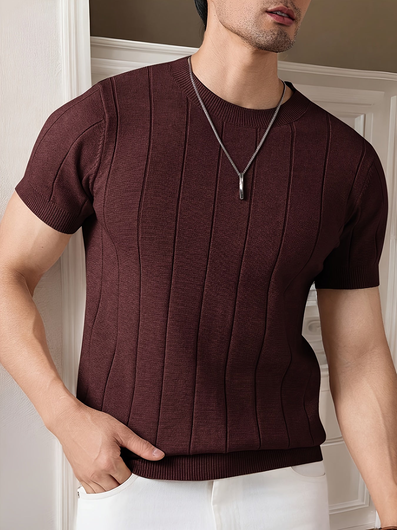 Wilfred | Striped Knit T-Shirt Oatmeal Viscose Ribbed Crew Neck for Men