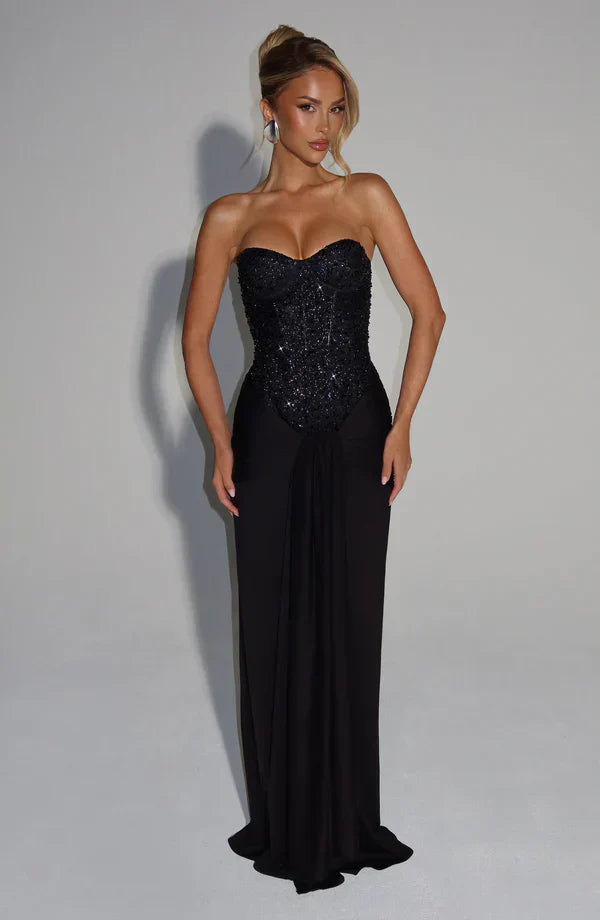 Elspeth | Maxi Gala Dress Deep Burgundy Embellished Corset Strapless for Women