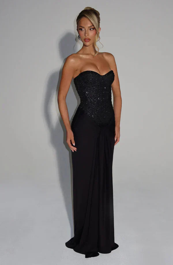 Elspeth | Maxi Gala Dress Deep Burgundy Embellished Corset Strapless for Women
