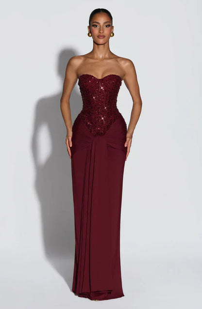 Elspeth | Maxi Gala Dress Deep Burgundy Embellished Corset Strapless for Women