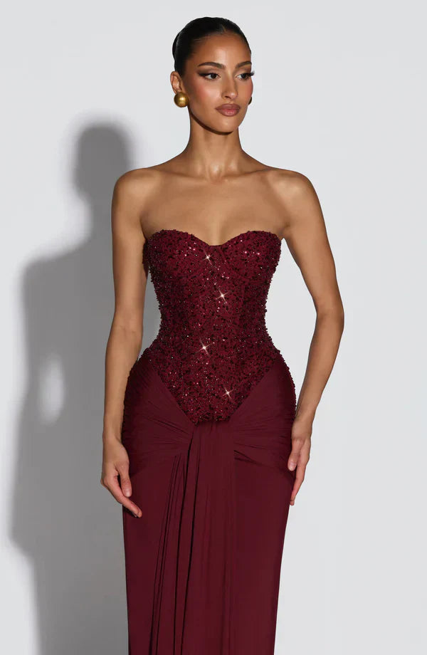 Elspeth | Maxi Gala Dress Deep Burgundy Embellished Corset Strapless for Women