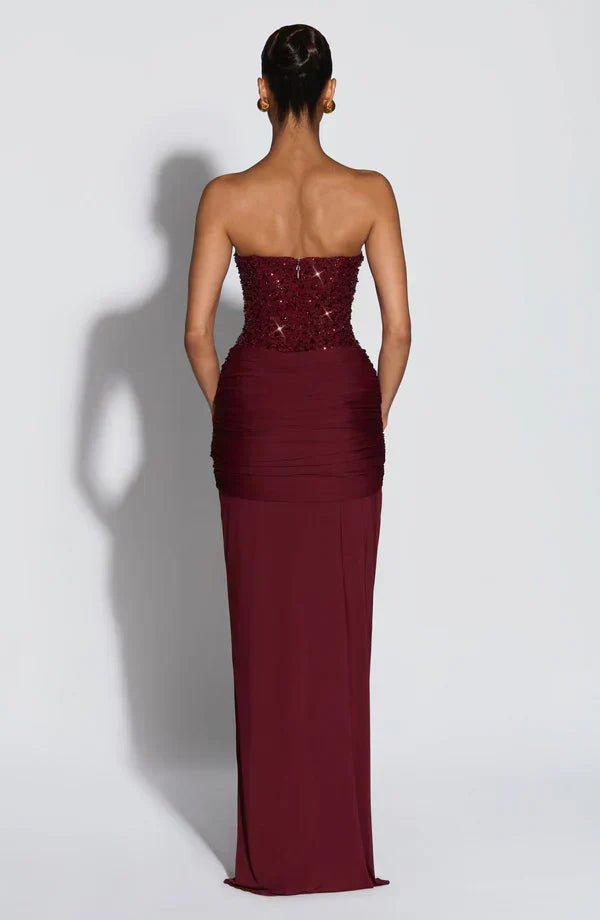 Elspeth | Maxi Gala Dress Deep Burgundy Embellished Corset Strapless for Women