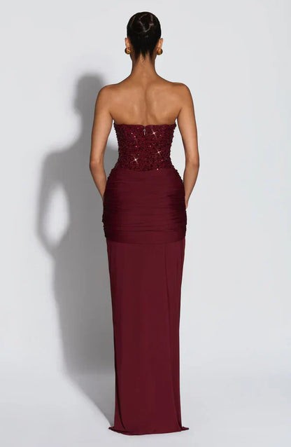 Elspeth | Maxi Gala Dress Deep Burgundy Embellished Corset Strapless for Women