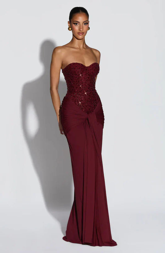 Elspeth | Maxi Gala Dress Deep Burgundy Embellished Corset Strapless for Women