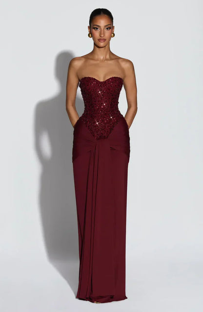 Elspeth | Maxi Gala Dress Deep Burgundy Embellished Corset Strapless for Women