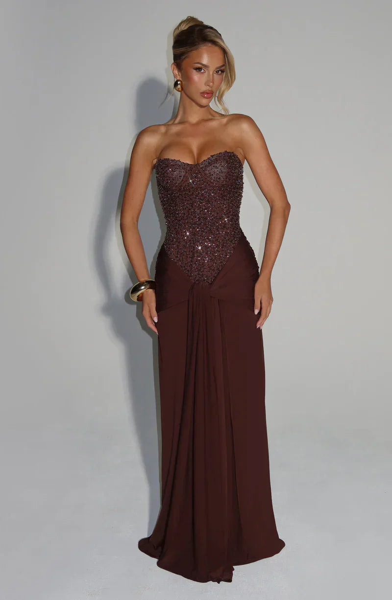 Elspeth | Maxi Gala Dress Deep Burgundy Embellished Corset Strapless for Women