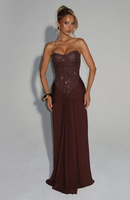 Elspeth | Maxi Gala Dress Deep Burgundy Embellished Corset Strapless for Women