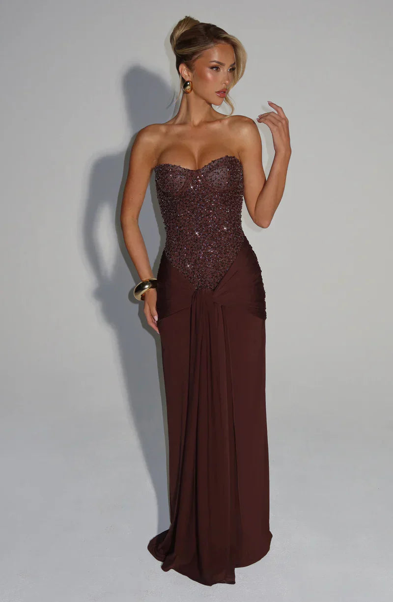 Elspeth | Maxi Gala Dress Deep Burgundy Embellished Corset Strapless for Women