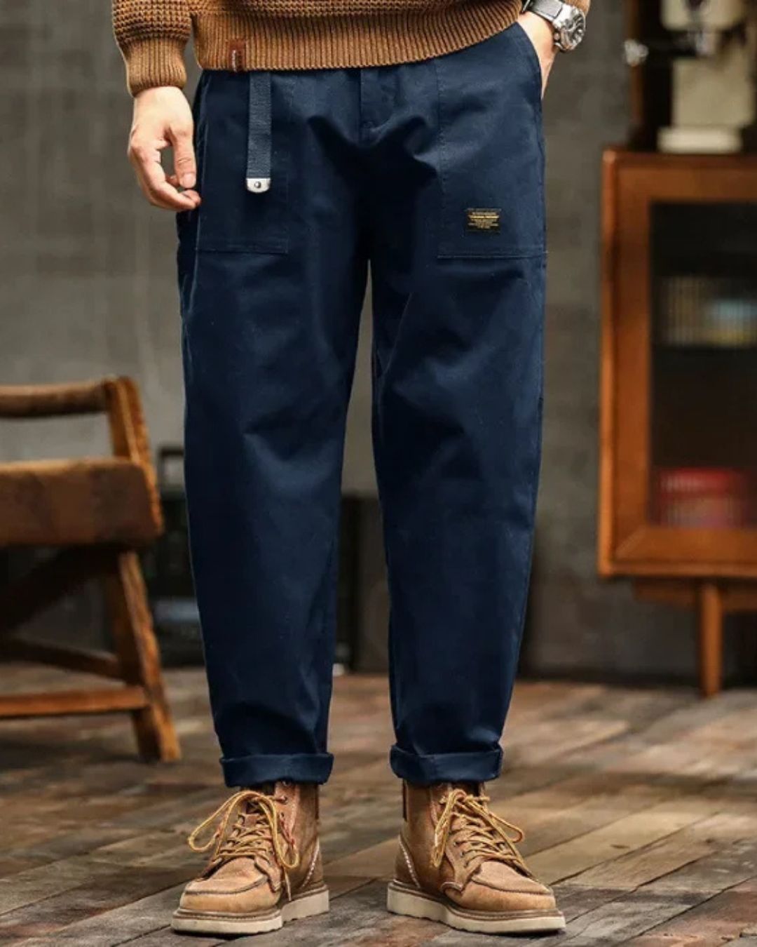 Jarvis | Cargo Trousers Olive Green Cotton Straight Leg for Men