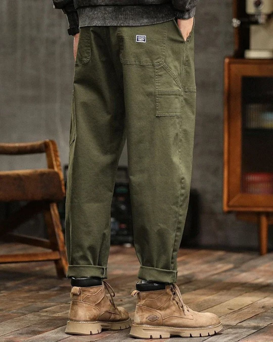 Jarvis | Cargo Trousers Olive Green Cotton Straight Leg for Men