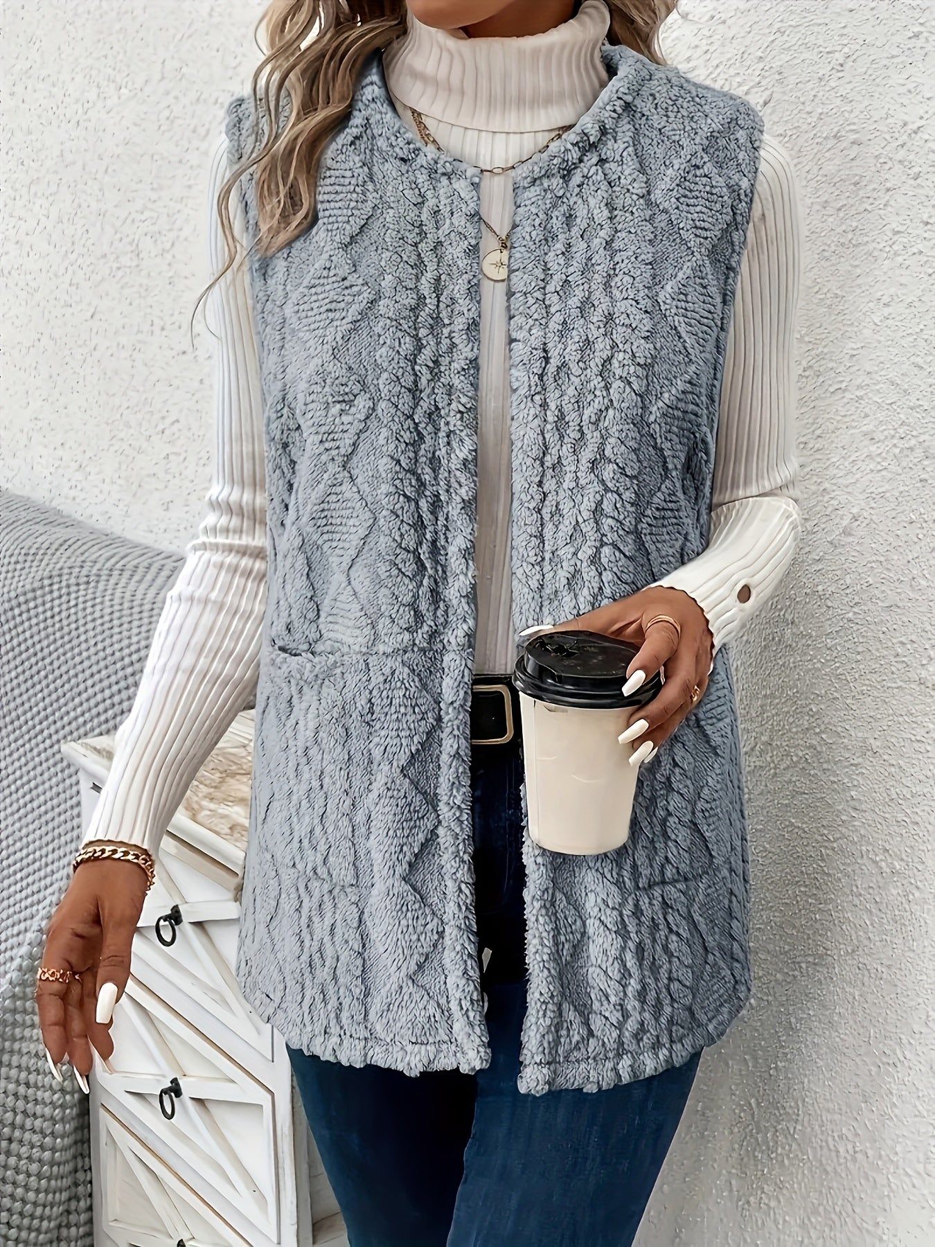 Delyth | Textured Sleeveless Vest Taupe Faux Fur Longline for Women