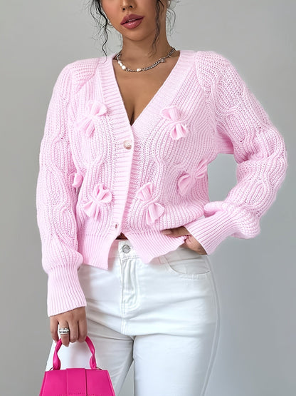 Nerissa | Cardigan Pink Knit Bow-Detail V-Neck for Women