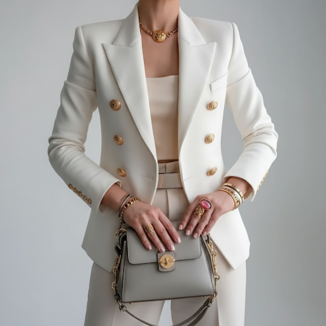 Morag | Blazer Ivory White Double-Breasted Gold Button for Women