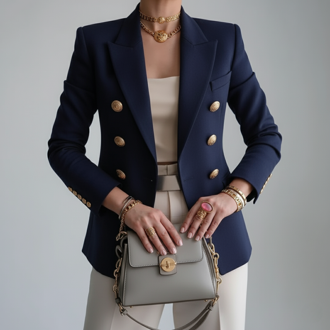 Morag | Blazer Ivory White Double-Breasted Gold Button for Women