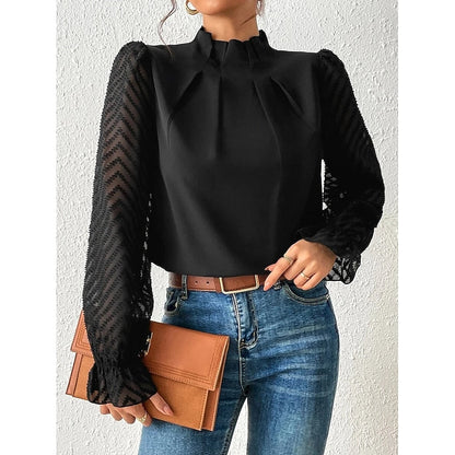 Una | Blouse Black Chiffon Lace-Sleeve High-Neck for Women