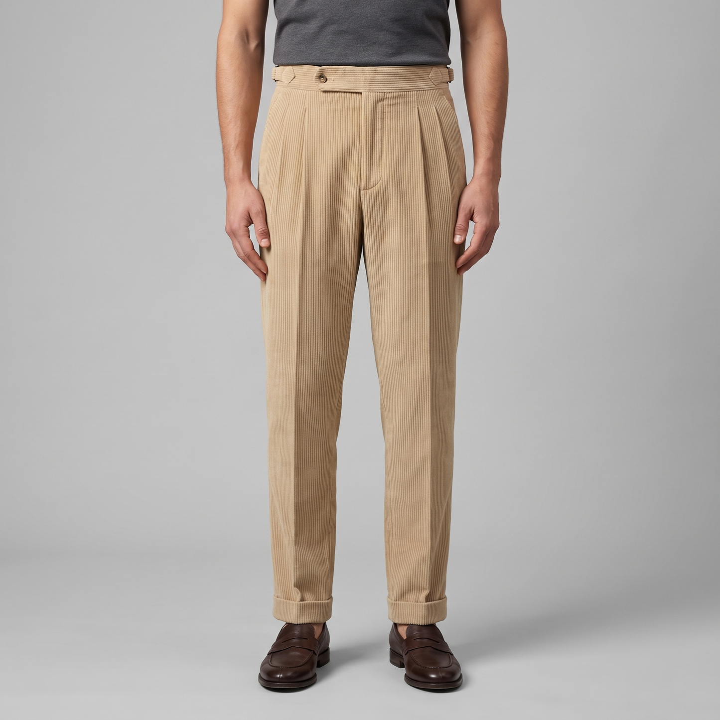 Crispin | Corduroy Trousers Beige Pleated Regular Fit for Men