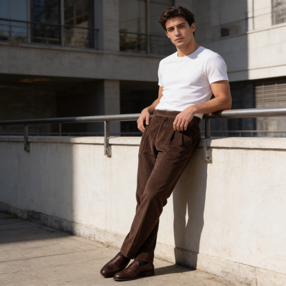 Crispin | Corduroy Trousers Beige Pleated Regular Fit for Men
