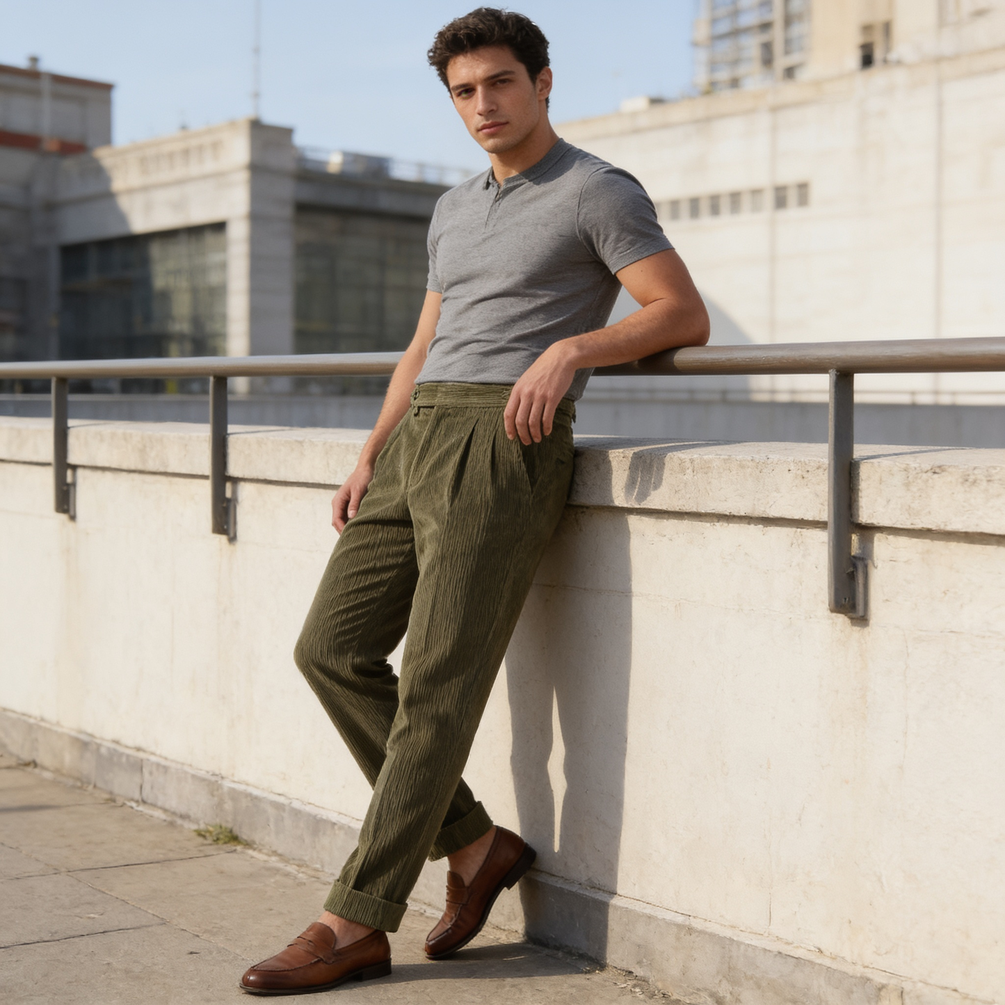Crispin | Corduroy Trousers Beige Pleated Regular Fit for Men