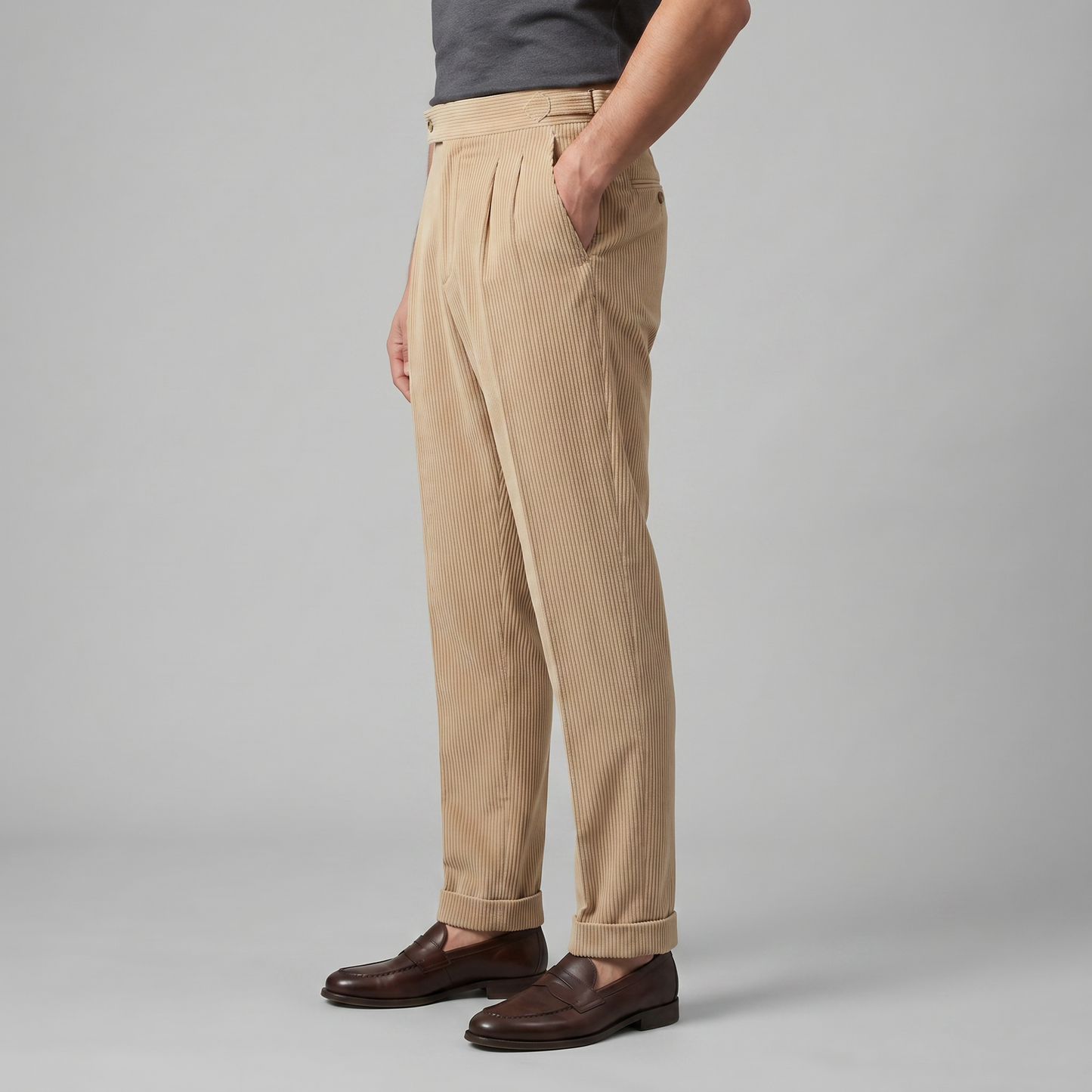 Crispin | Corduroy Trousers Beige Pleated Regular Fit for Men