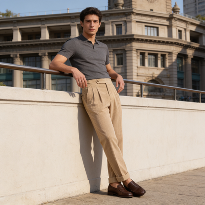 Crispin | Corduroy Trousers Beige Pleated Regular Fit for Men