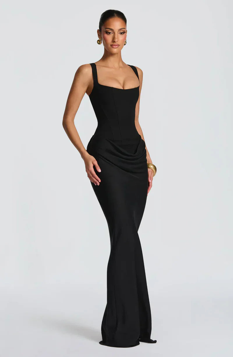 Eloisa | Maxi Dress Chocolate Brown Satin Corset Draped for Women