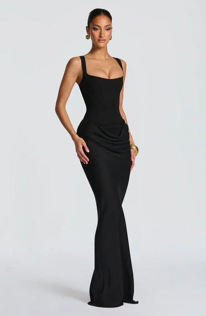 Eloisa | Maxi Dress Chocolate Brown Satin Corset Draped for Women