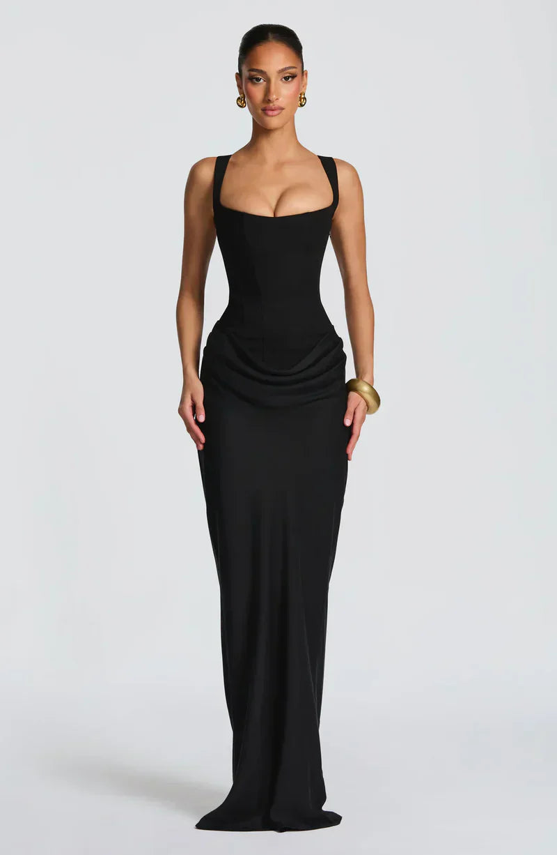 Eloisa | Maxi Dress Chocolate Brown Satin Corset Draped for Women