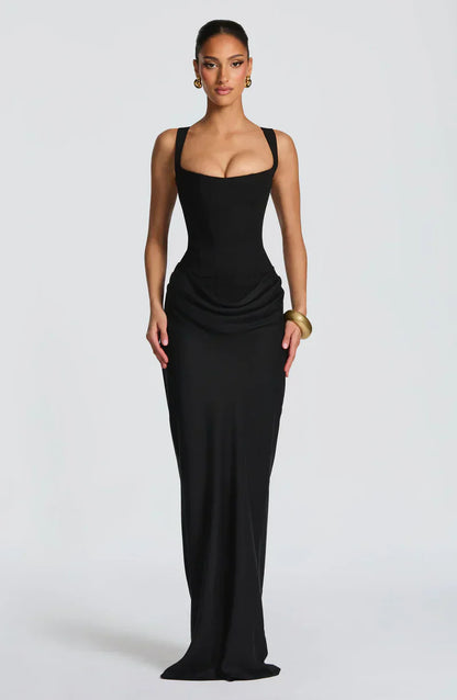 Eloisa | Maxi Dress Chocolate Brown Satin Corset Draped for Women
