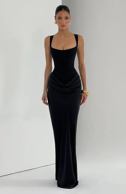 Eloisa | Maxi Dress Chocolate Brown Satin Corset Draped for Women