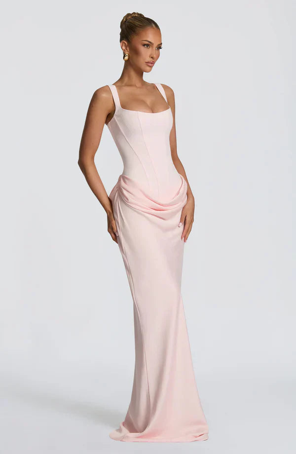 Eloisa | Maxi Dress Chocolate Brown Satin Corset Draped for Women