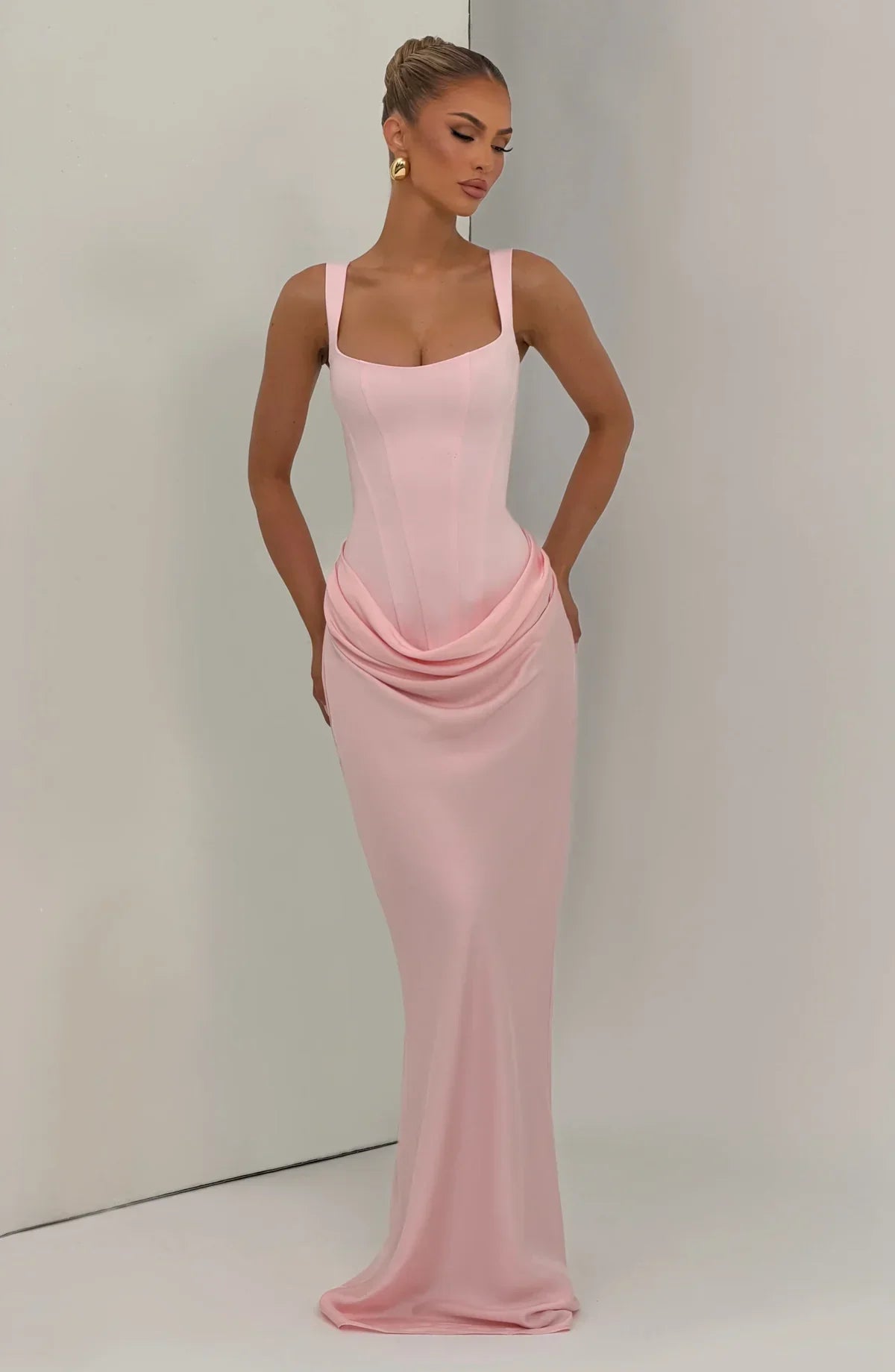 Eloisa | Maxi Dress Chocolate Brown Satin Corset Draped for Women