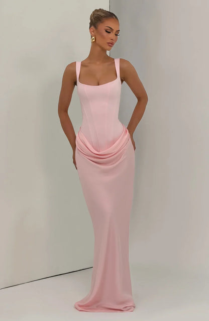 Eloisa | Maxi Dress Chocolate Brown Satin Corset Draped for Women