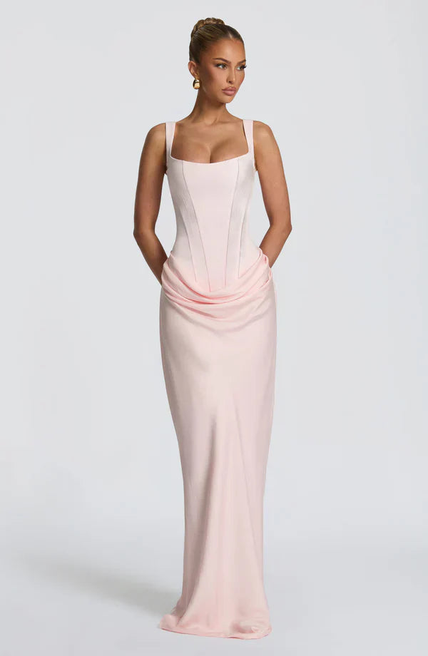 Eloisa | Maxi Dress Chocolate Brown Satin Corset Draped for Women