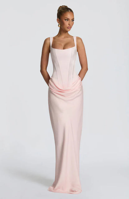 Eloisa | Maxi Dress Chocolate Brown Satin Corset Draped for Women