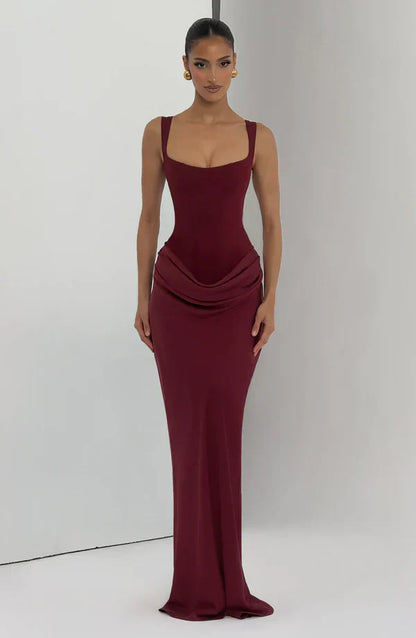 Eloisa | Maxi Dress Chocolate Brown Satin Corset Draped for Women