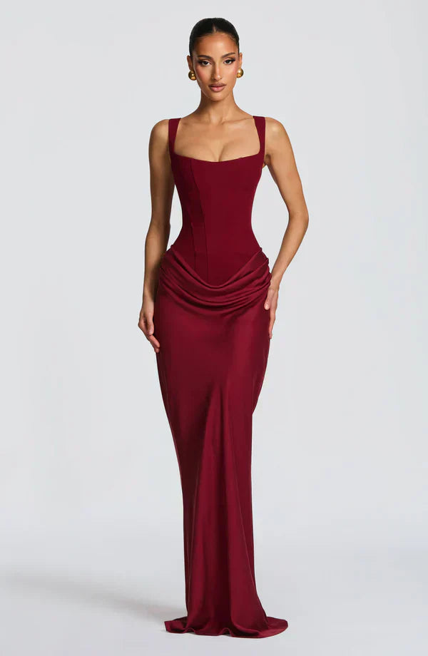 Eloisa | Maxi Dress Chocolate Brown Satin Corset Draped for Women