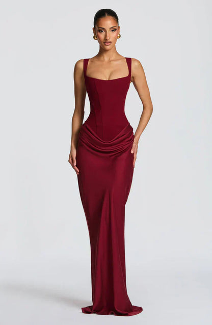 Eloisa | Maxi Dress Chocolate Brown Satin Corset Draped for Women