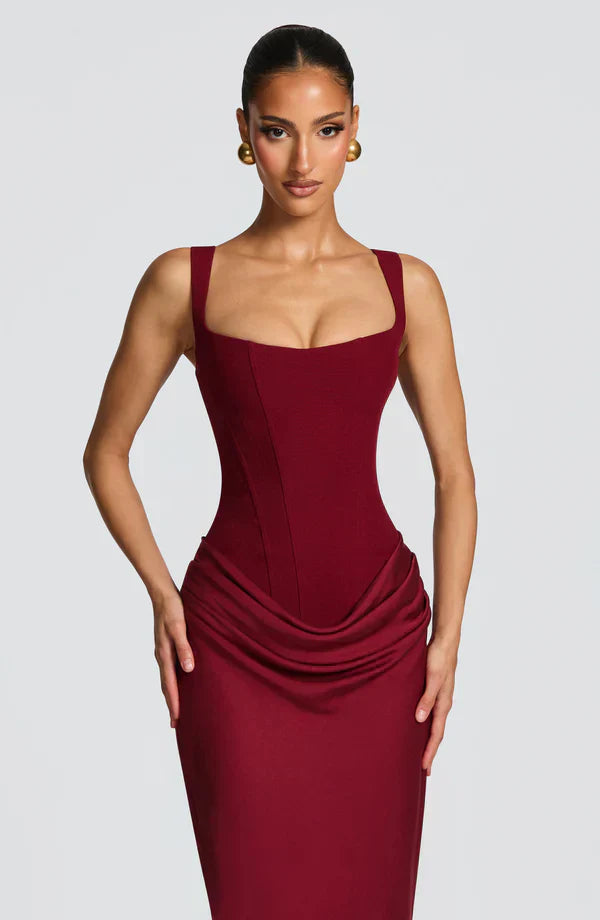 Eloisa | Maxi Dress Chocolate Brown Satin Corset Draped for Women