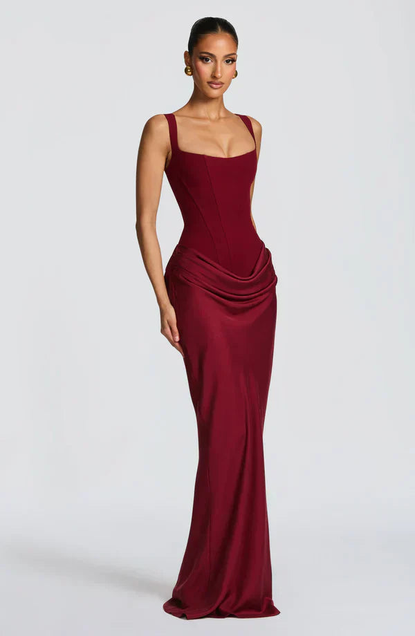 Eloisa | Maxi Dress Chocolate Brown Satin Corset Draped for Women