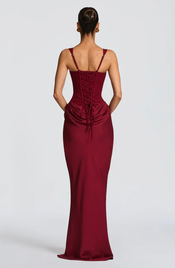 Eloisa | Maxi Dress Chocolate Brown Satin Corset Draped for Women