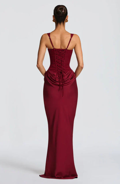 Eloisa | Maxi Dress Chocolate Brown Satin Corset Draped for Women