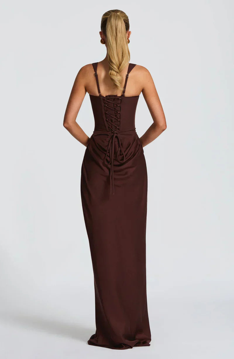 Eloisa | Maxi Dress Chocolate Brown Satin Corset Draped for Women