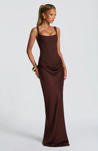Eloisa | Maxi Dress Chocolate Brown Satin Corset Draped for Women