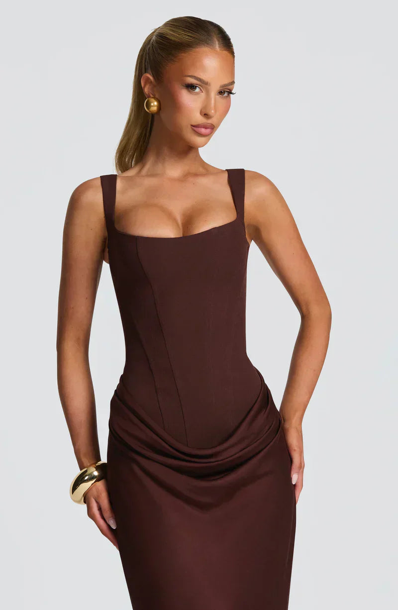 Eloisa | Maxi Dress Chocolate Brown Satin Corset Draped for Women