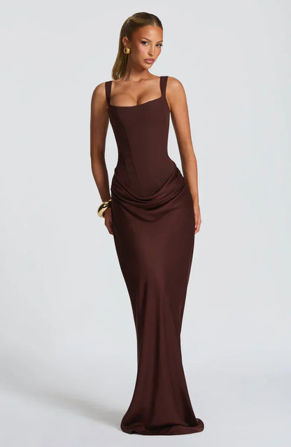 Eloisa | Maxi Dress Chocolate Brown Satin Corset Draped for Women